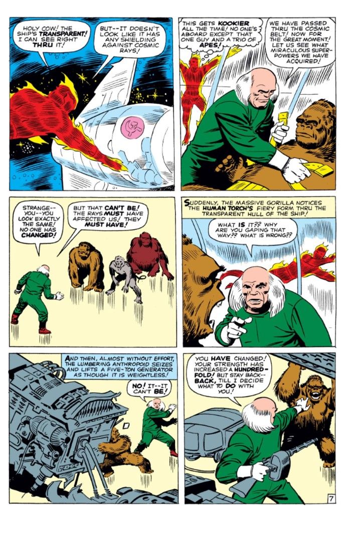 A page from Fantastic Four #13 showing Miklho, post cosmic rays, having super strength
