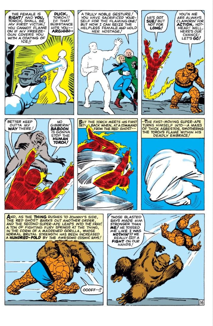 A page from Fantastic Four #13 showing Miklho beating up Thing.