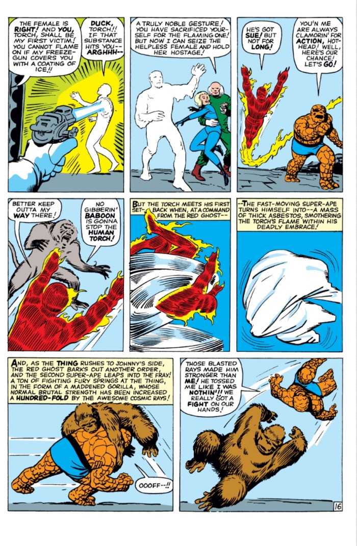 A page from Fantastic Four #13 showing Miklho beating up Thing.