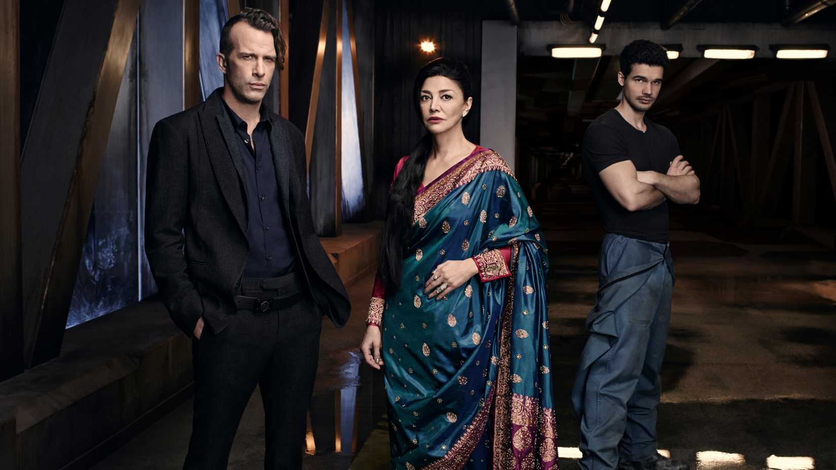 Miller, Avasarala and Holden on a ship in The Expanse.