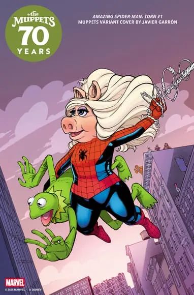 Miss Piggy saves Kermit in Amazing Fantasy Spider-Man cover for the Muppets Take the Marvel Universe