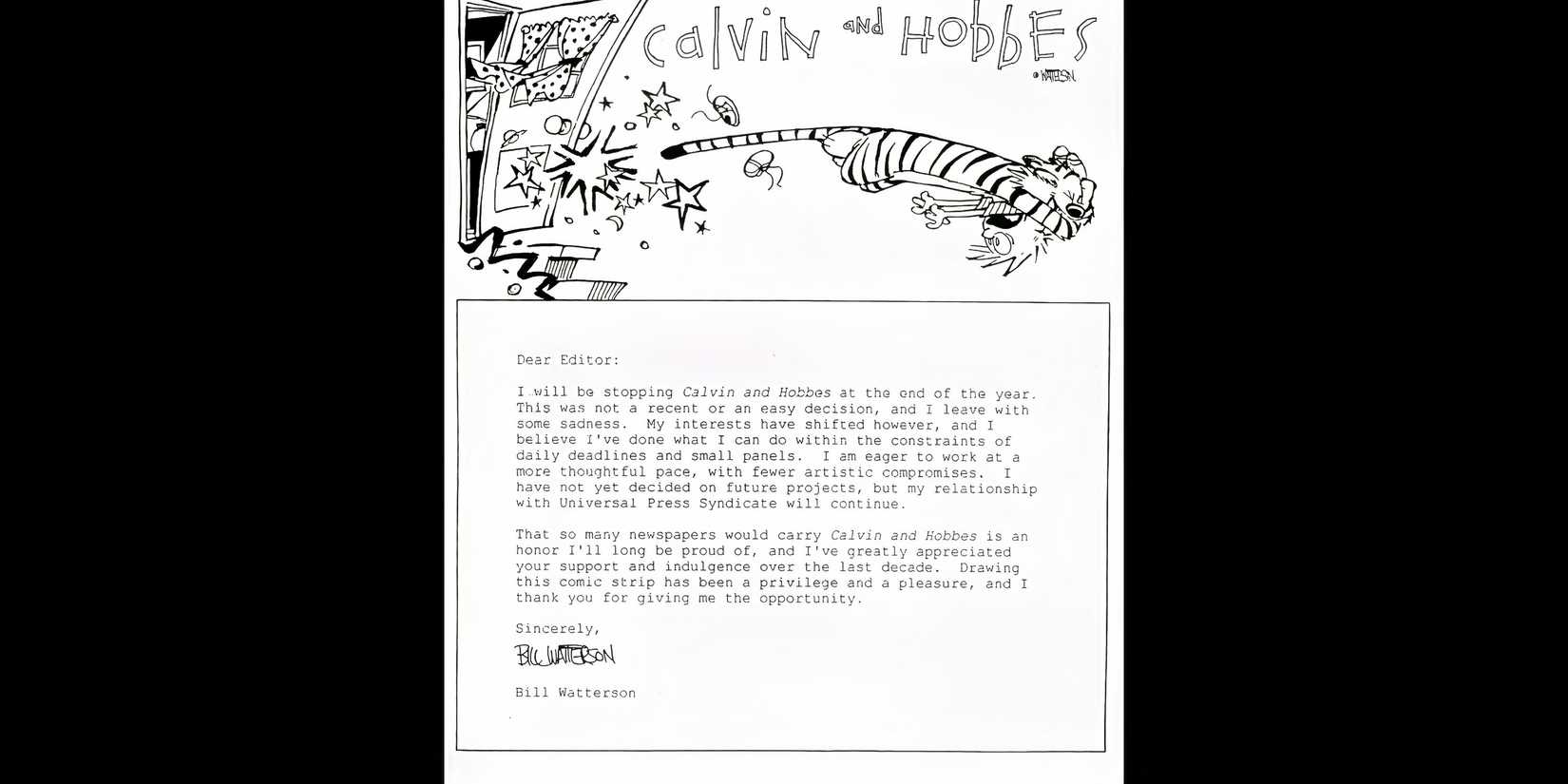 Bill Watterson's Calvin and Hobbes farewell letter