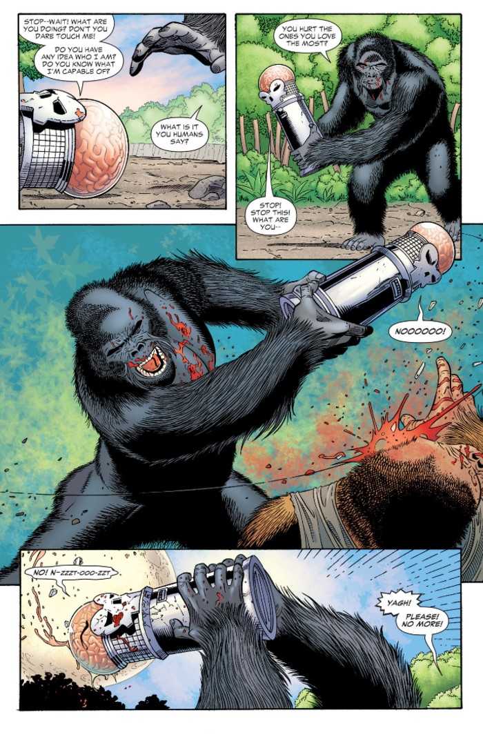 Grodd and Monsieur Mallah fighting. Grodd takes Brain and begins beating Mallah with it. Mallah begs for mercy.
