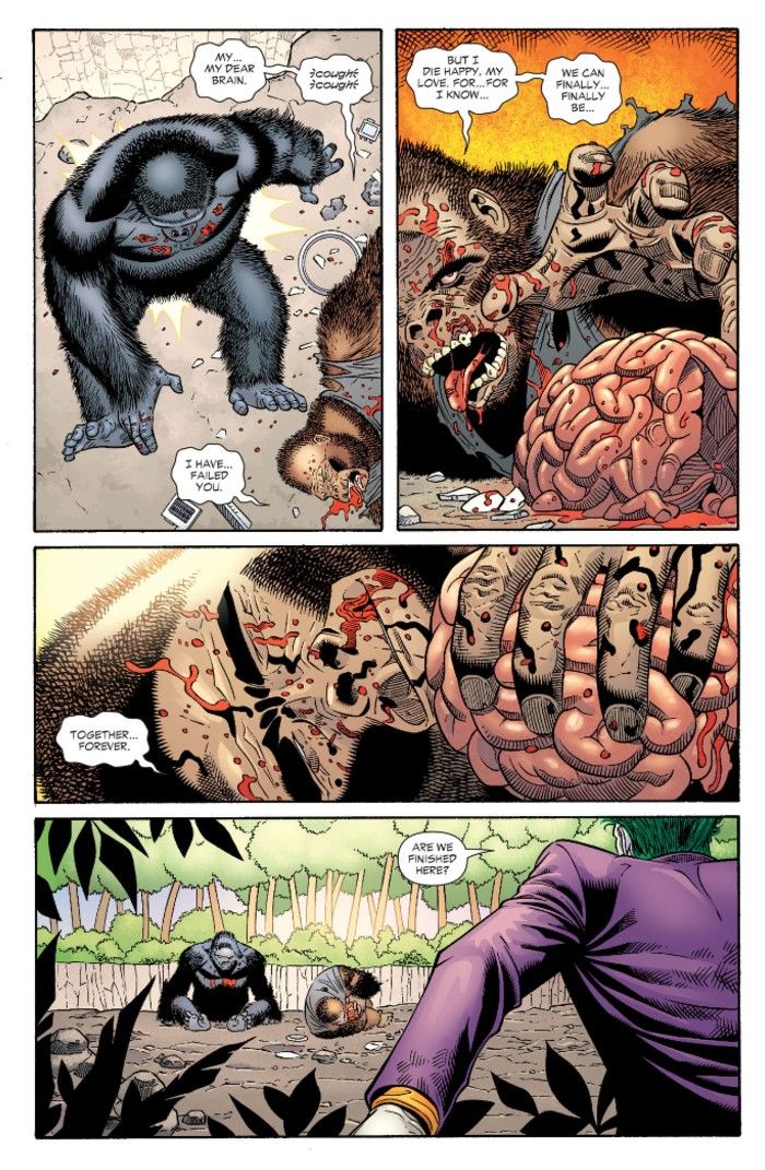A beaten Monsieur Mallah reaches out to the dead Brain and holds him to his chest. Mallah says "Together forever"before dying. Grodd sits close by, watching.