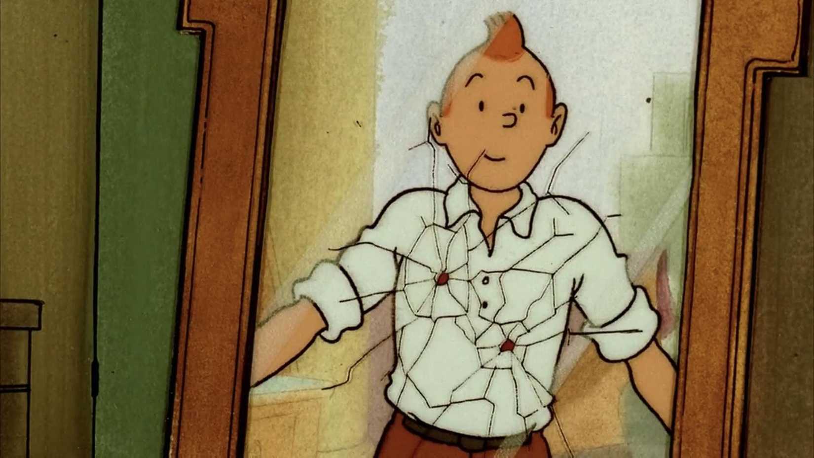 Tintin looking at himself in a cracked mirror