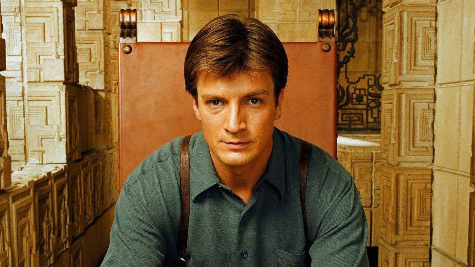 Nathan Fillion looking intense in a promo shot for Firefly