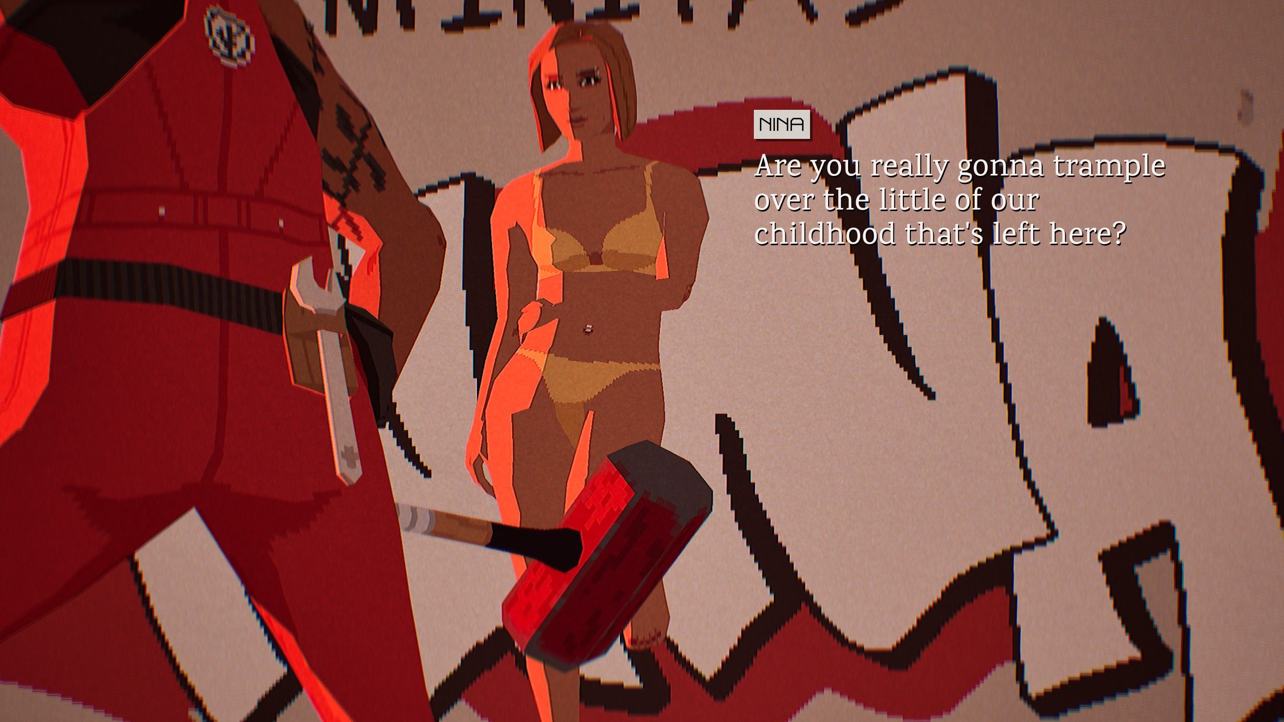 Nina leans on a graffiti-strewn wall and goads Pratelle in Virtue and a Sledgehammer