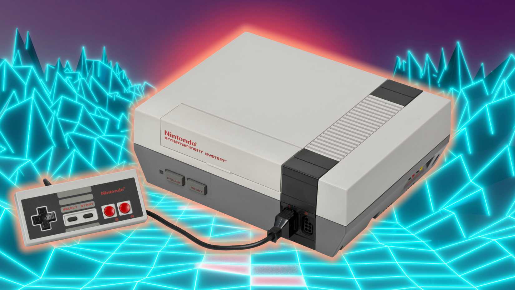A NES console is superimposed over a synthwave road background.