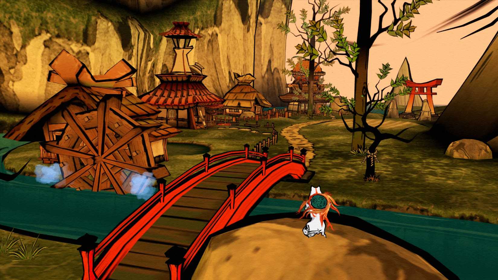 okami amaterasu sitting by a bridge looking into the distance