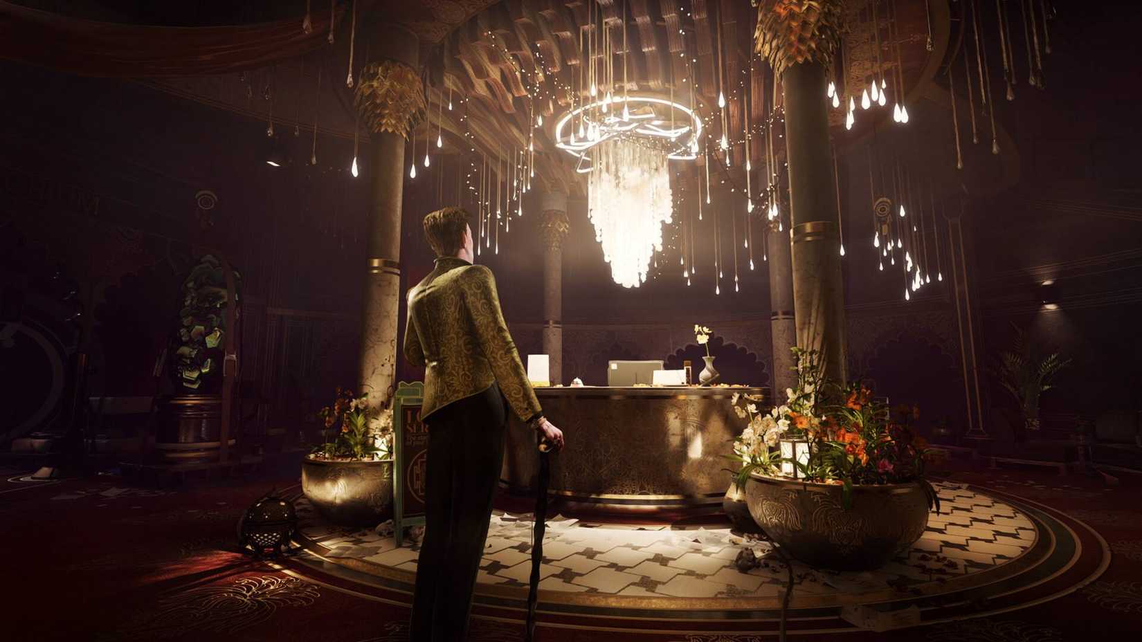 A well-dressed figure with a cane in a glitzy room in ONTOS.