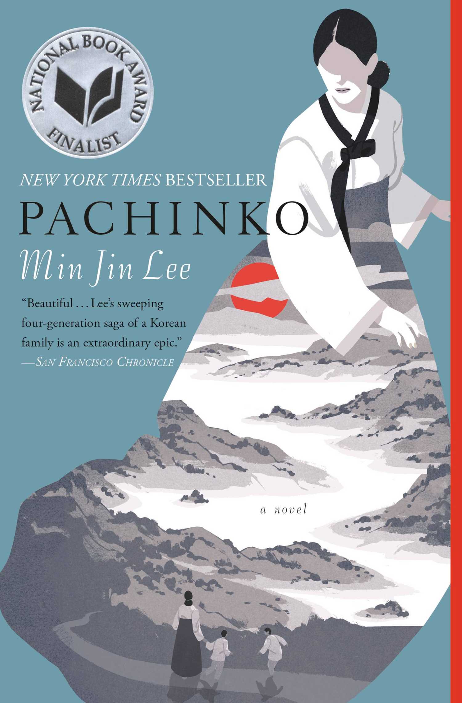 Pachinko cover art, featuring a woman in a traditional Korean garmet standing against a blue background.