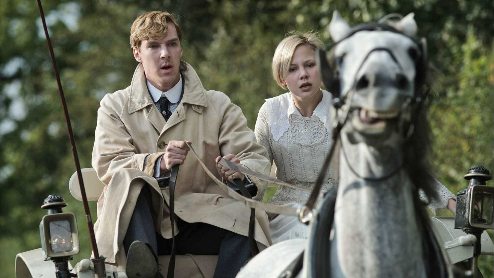 Christopher (Benedict Cumberbatch) and Valentine (Adelaide Clemens) riding a horse in Parade's End.