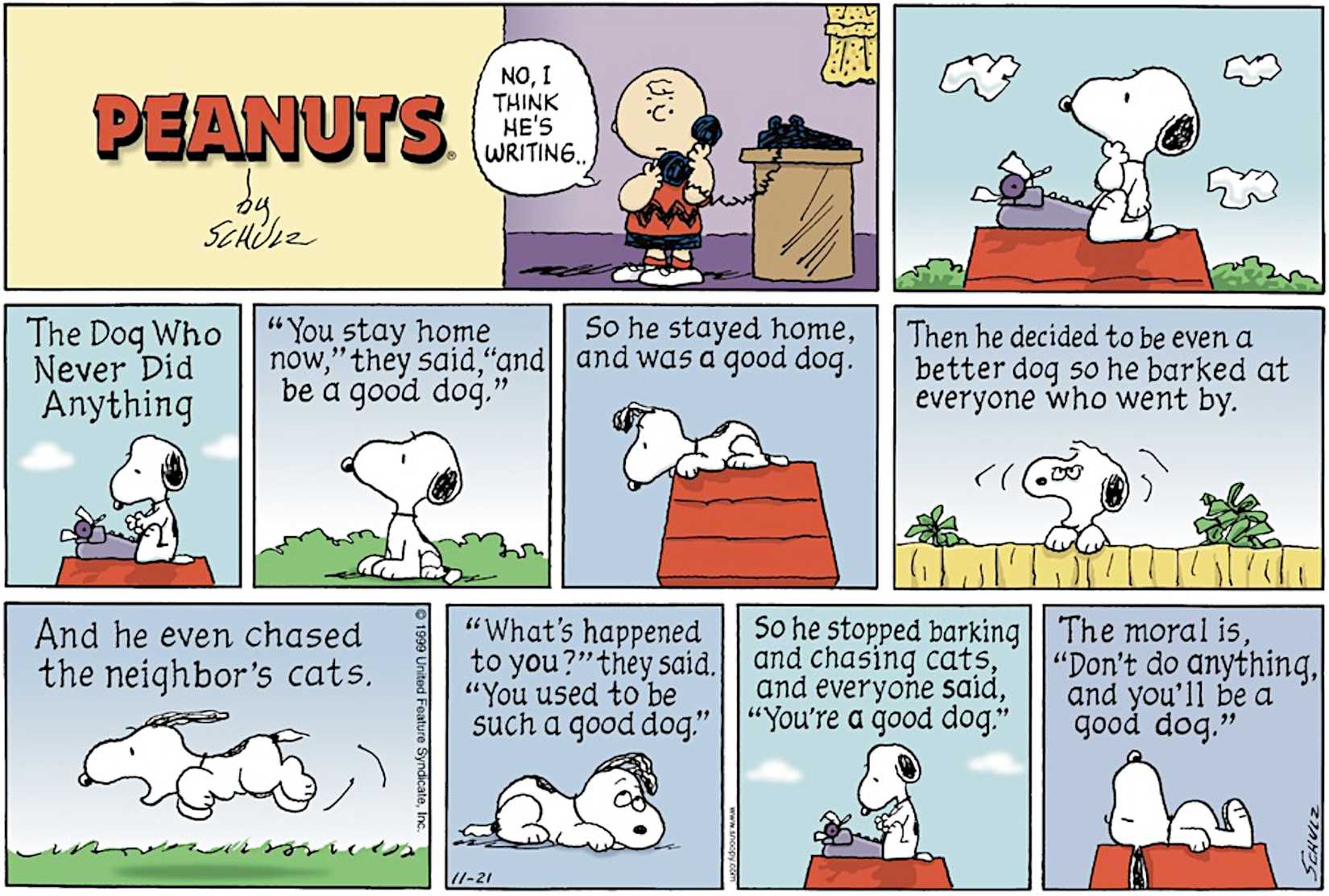 Peanuts Final Snoopy World-Famous Author Strip November 21 1999