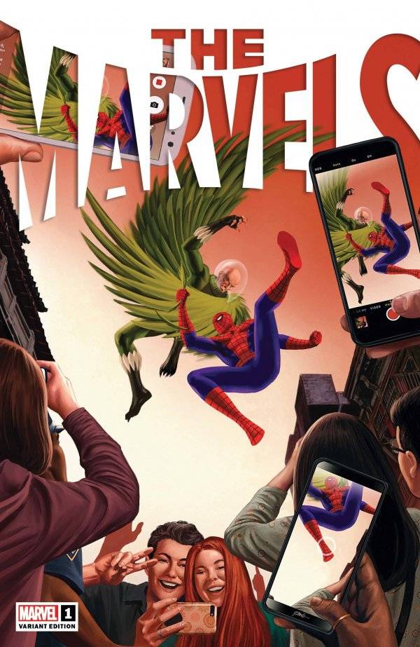 Pedestrians take photos of Spider-Man fighting Vulture in The Marvels cover art by Alex Ross