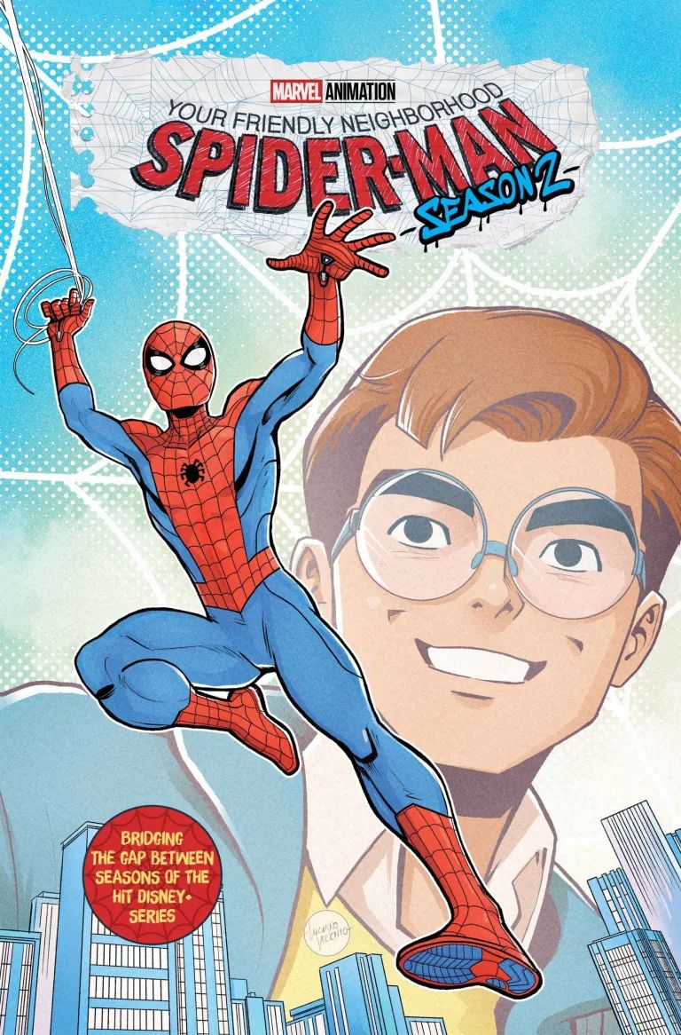 Peter Parker smiles next to his suited-up self in Your Friendly Neighborhood Spider-Man season 2 cover by Luciano Vecchio