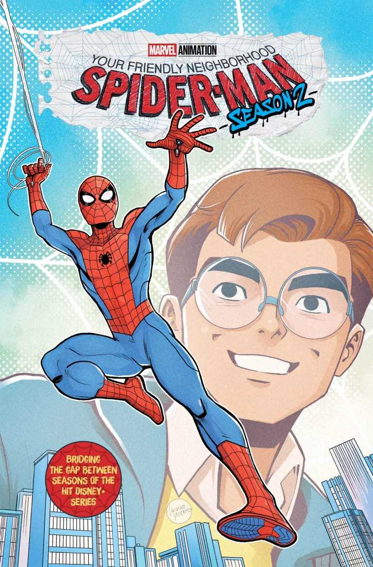Peter Parker smiles next to his suited-up self in Your Friendly Neighborhood Spider-Man season 2 cover by Luciano Vecchio