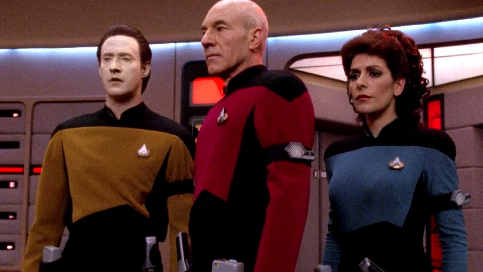 Picard, Data, and Sirtis wear Star Trek The Next Generation's first costume designs