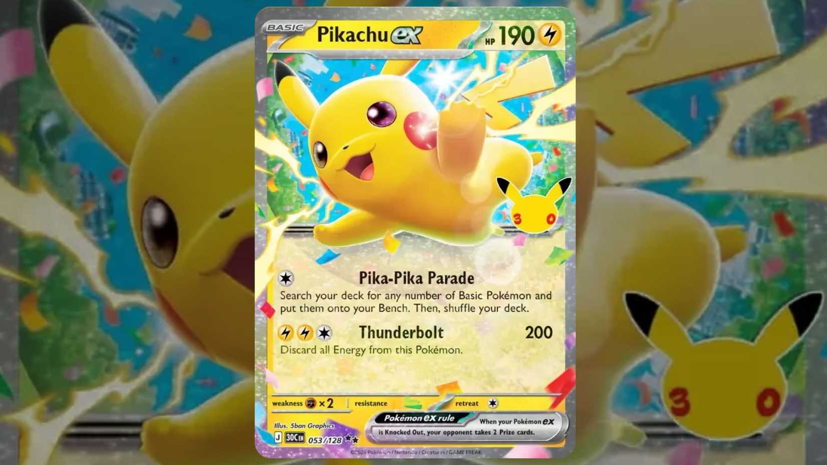 Pikachu ex card 053 from the Pokemon TCG 30th collection