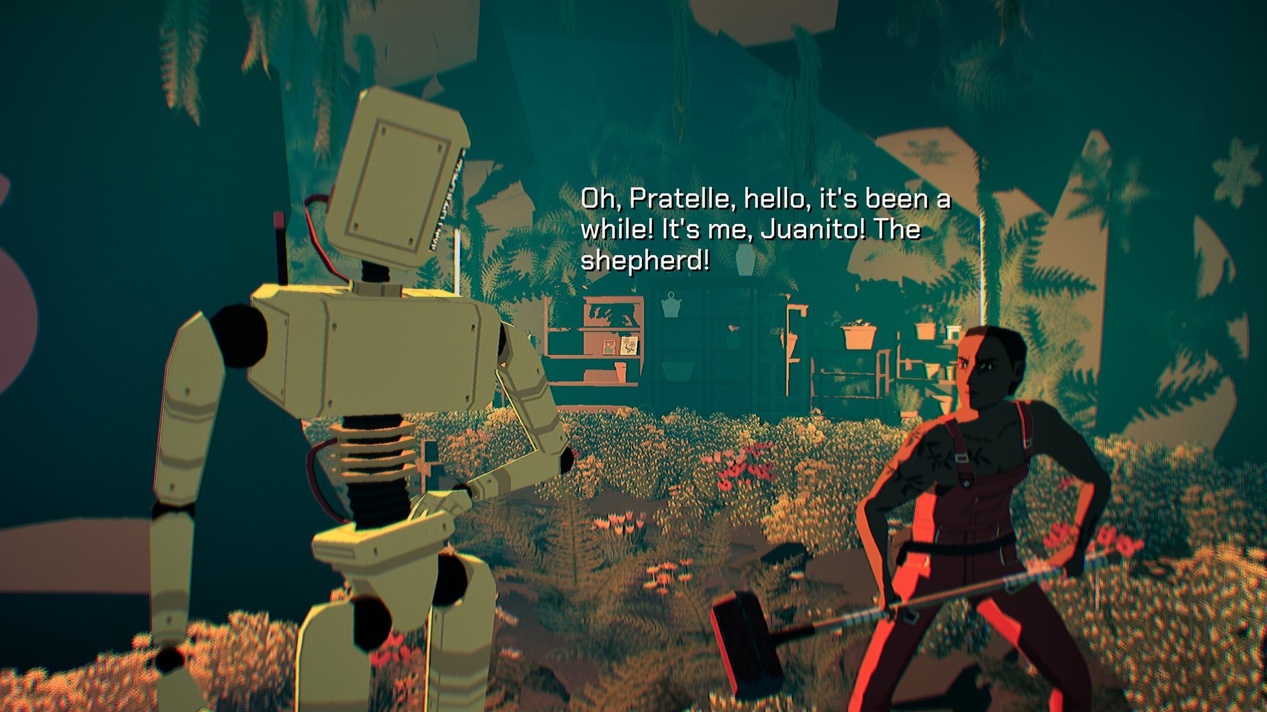 Pratelle approaches the robot version of Juanito in Virtue and a Sledgehammer