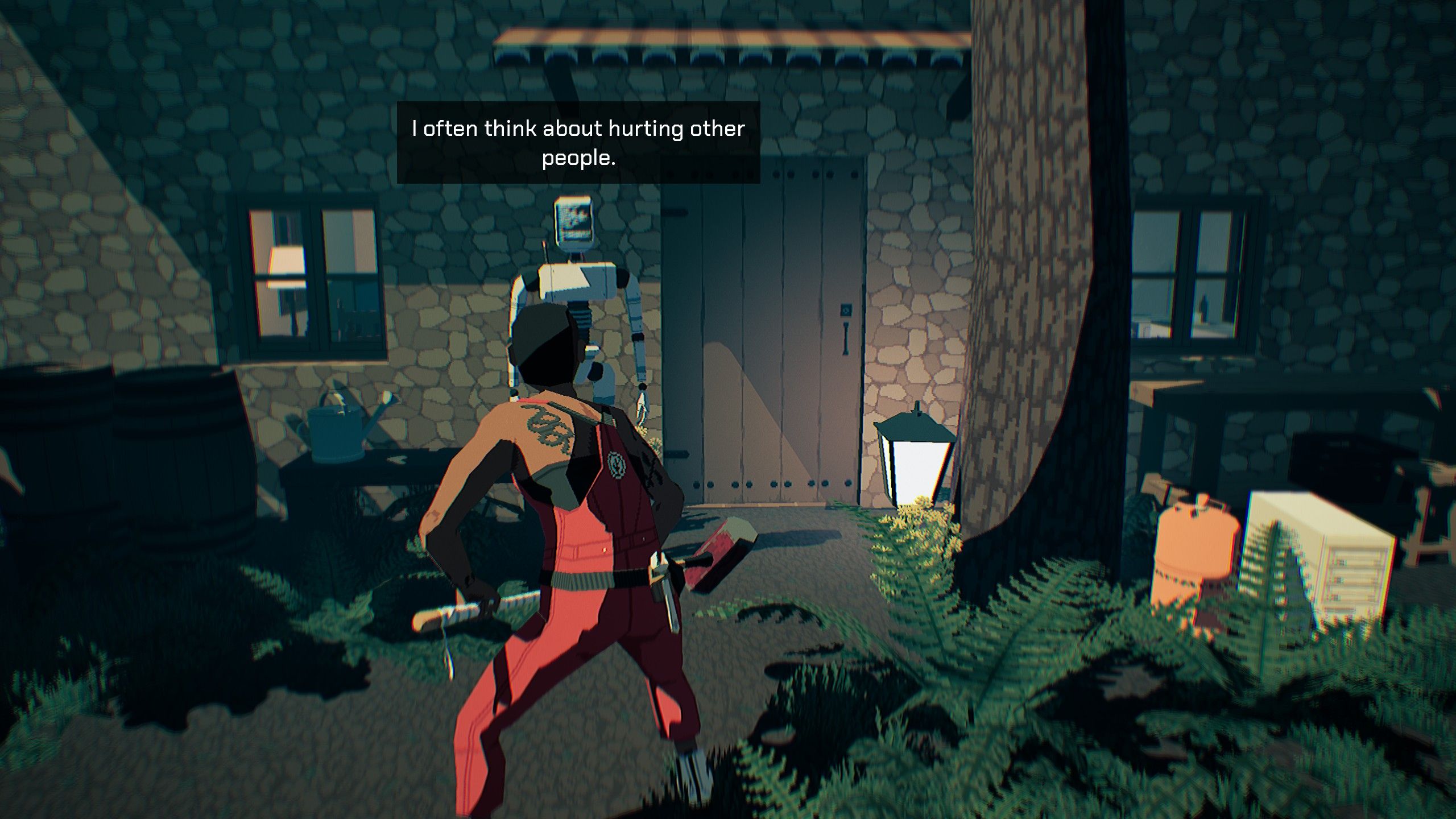 Pratelle finds a robot admitting to their violent tendencies in front of a brick home in Virtue and a Sledgehammer