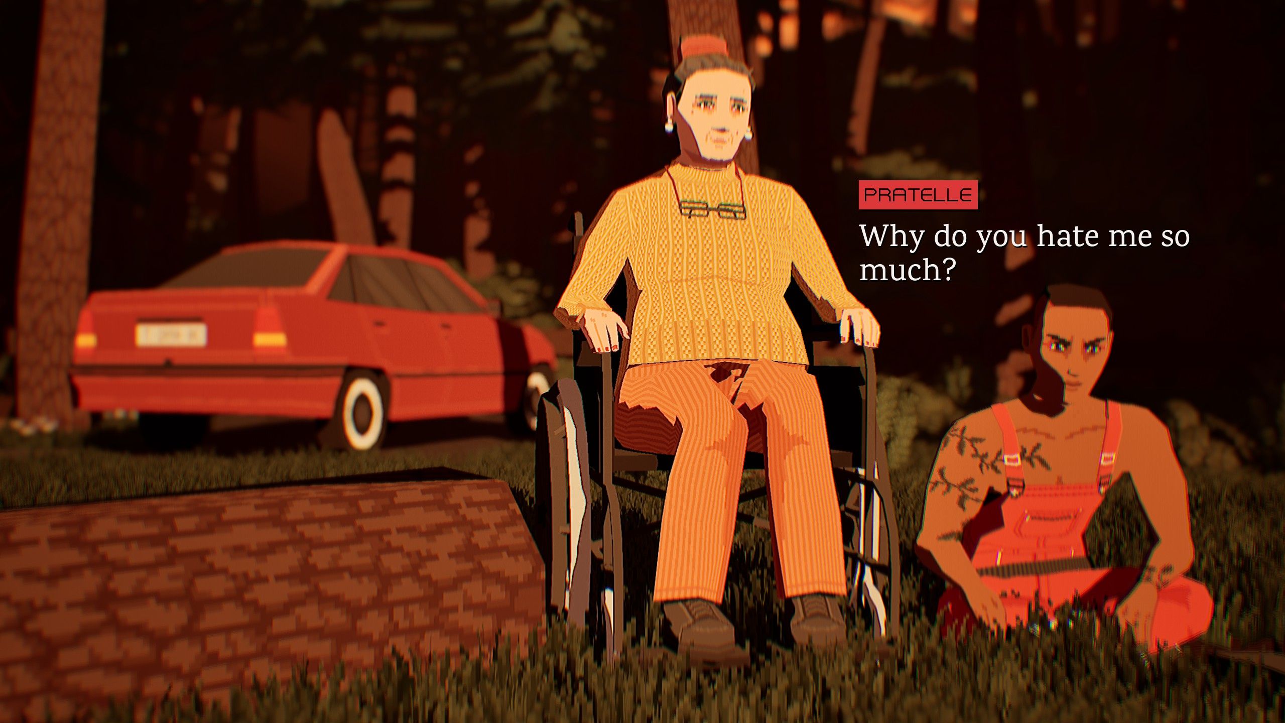 Pratelle sits with mother Merche on a cobblestone road next to a car in Virtue and a Sledgehammer