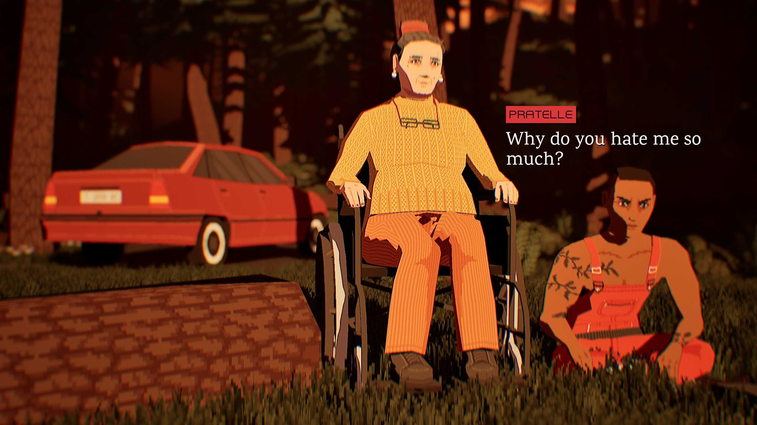 Pratelle sits with mother Merche on a cobblestone road next to a car in Virtue and a Sledgehammer