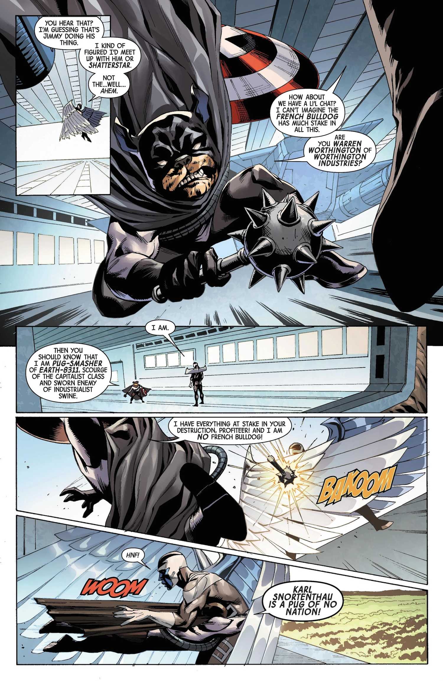 Comic book panels of Pug-Smasher fighting Archangel