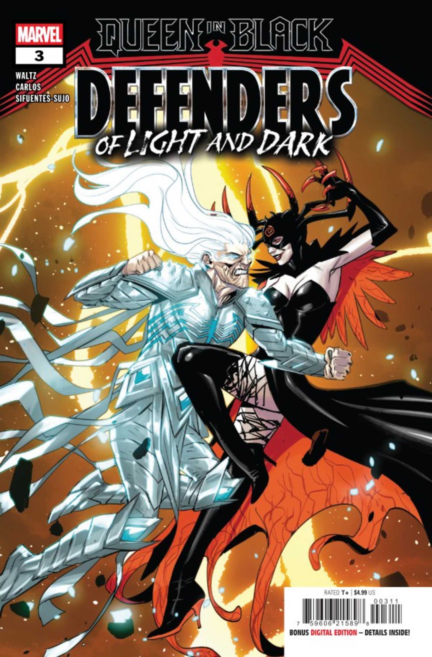 Queen in Black Defenders of Light and Dark #3 cover, Knull and Hela embodying light and darkness and trading blows