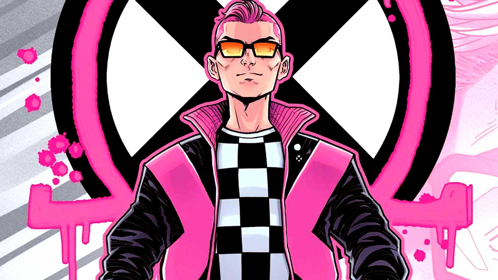 Quentin Quire aka Omega Kid stands in front of the X-Men's X logo