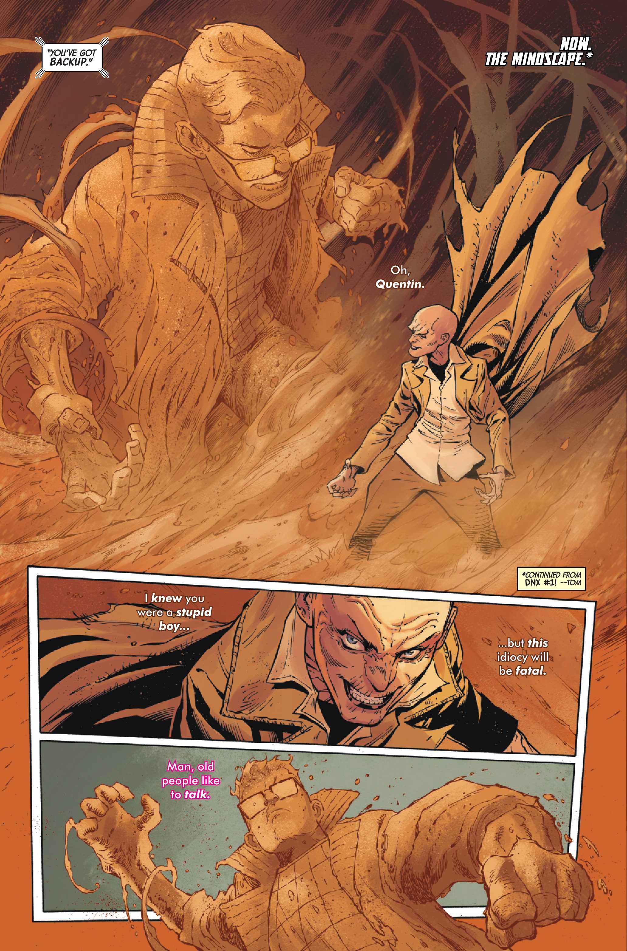 Quentin Quire fights Cassandra Nova as a giant sand figure in X-Men #37