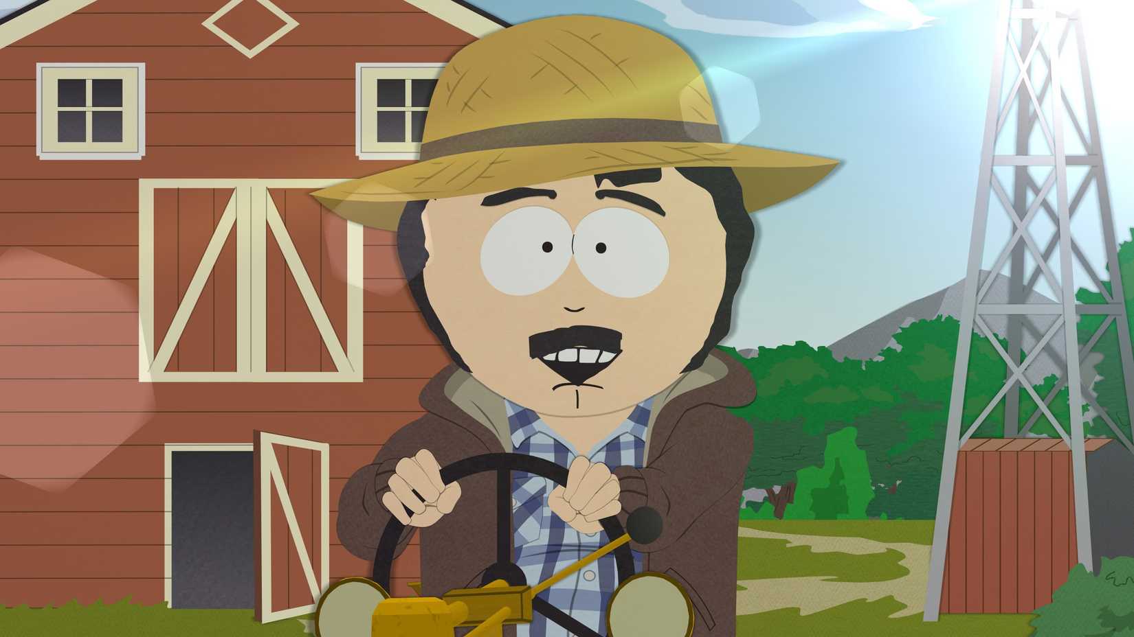 Randy rides a tractor in South Park