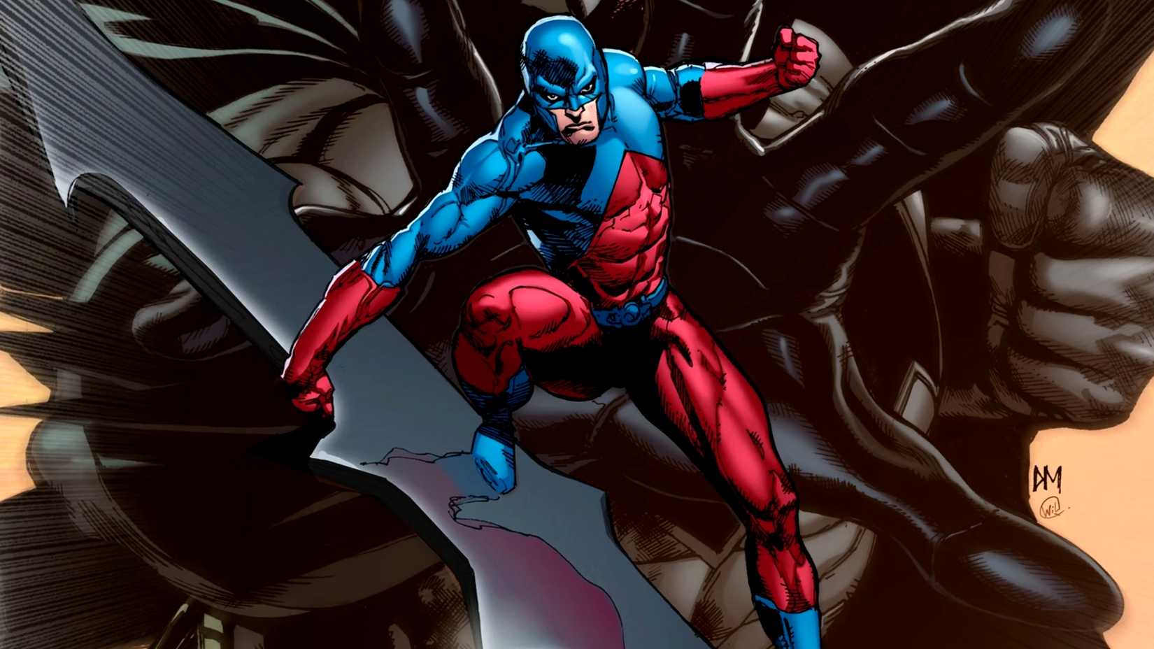 Ray Palmer aka the Atom stands on Batman's Batarang in DC Comics