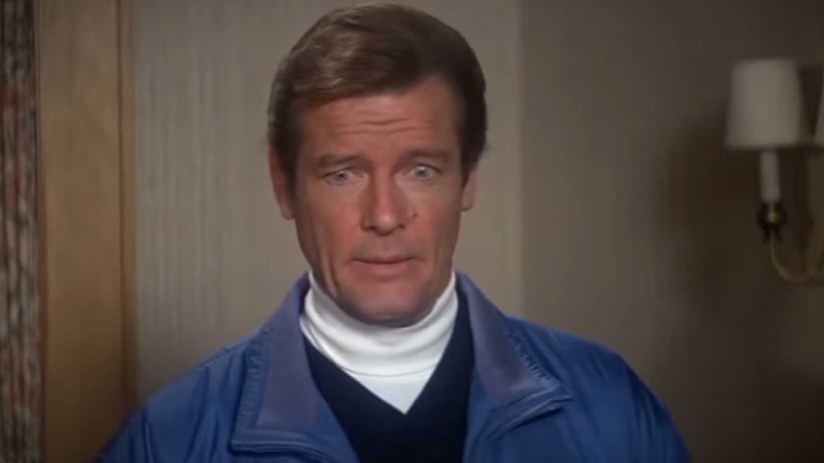 Roger Moore as 007 looking bewildered in For Your Eyes Only