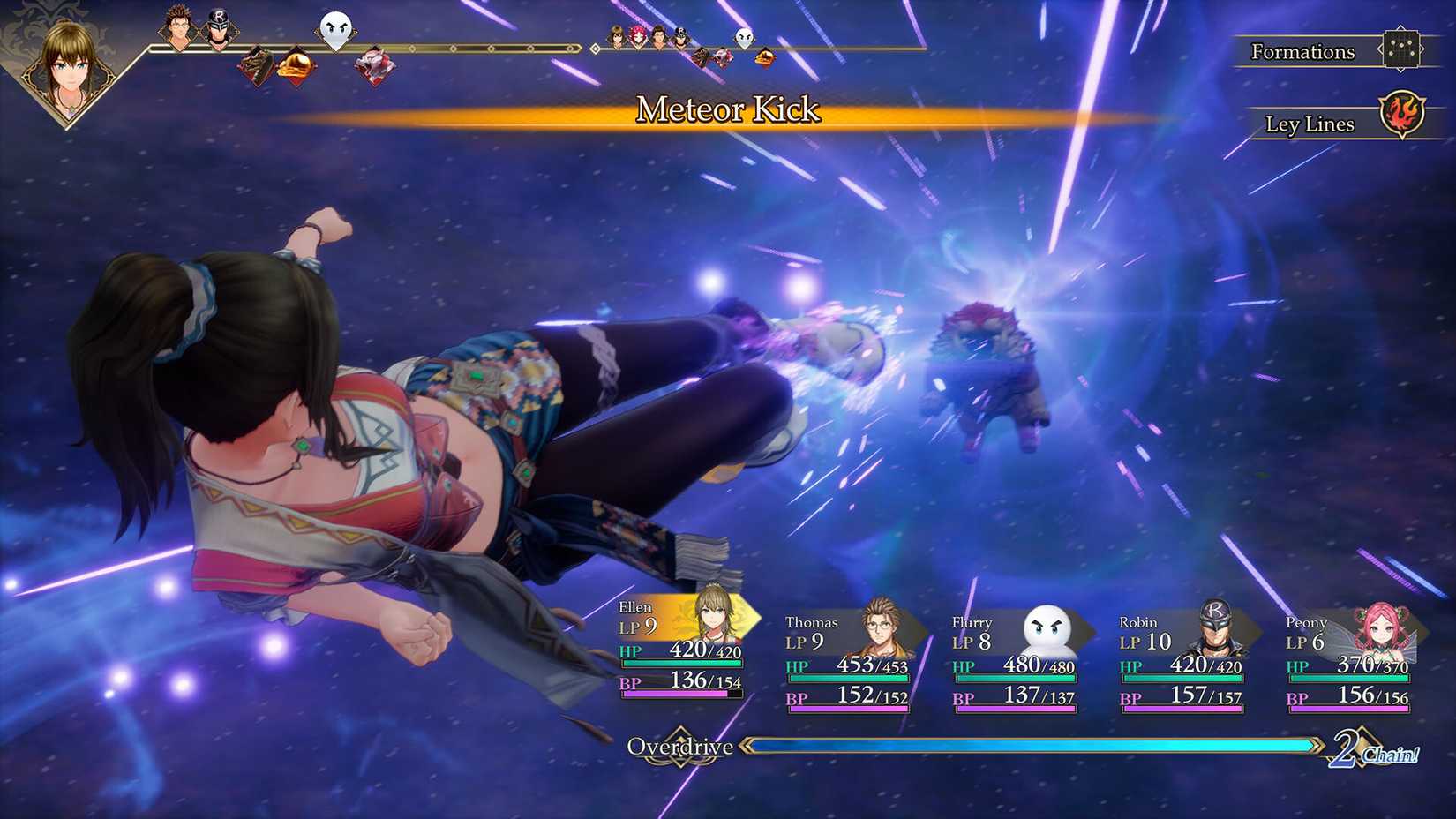 Ellen uses a Meteor Kick against an enemy in Romancing Saga 3: Destinies United.