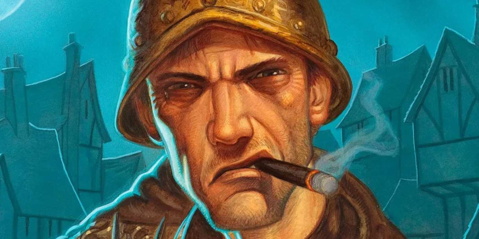 Sam Vimes smoking a cigar in official Discworld art by Paul Kidby