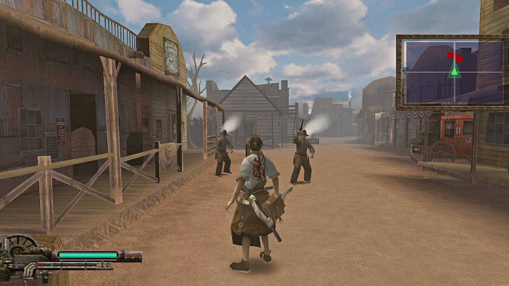 The player stood in a Western town with two enemies in front of them in Samurai Western.