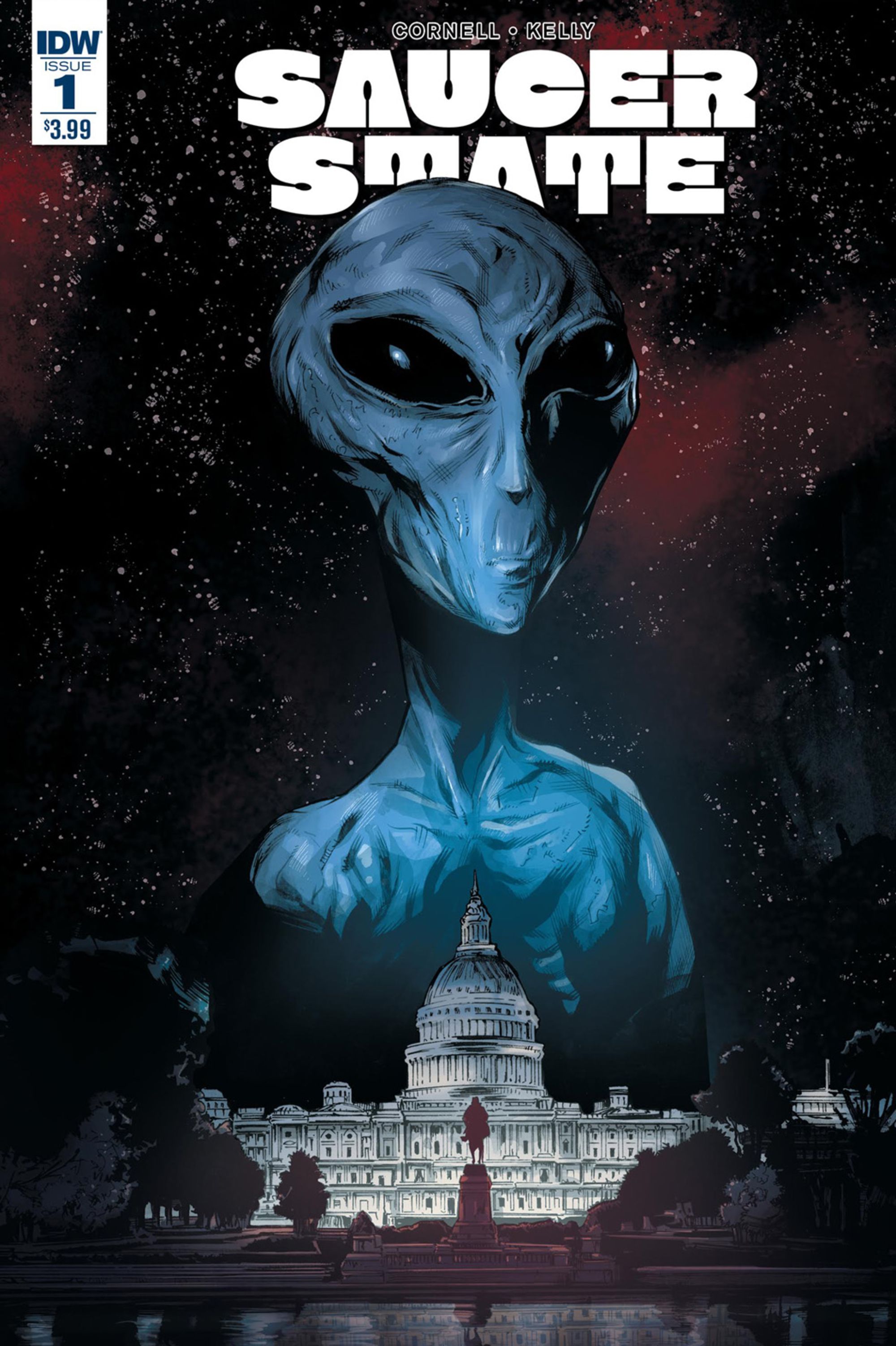 saucer state image of an alien looming over white house