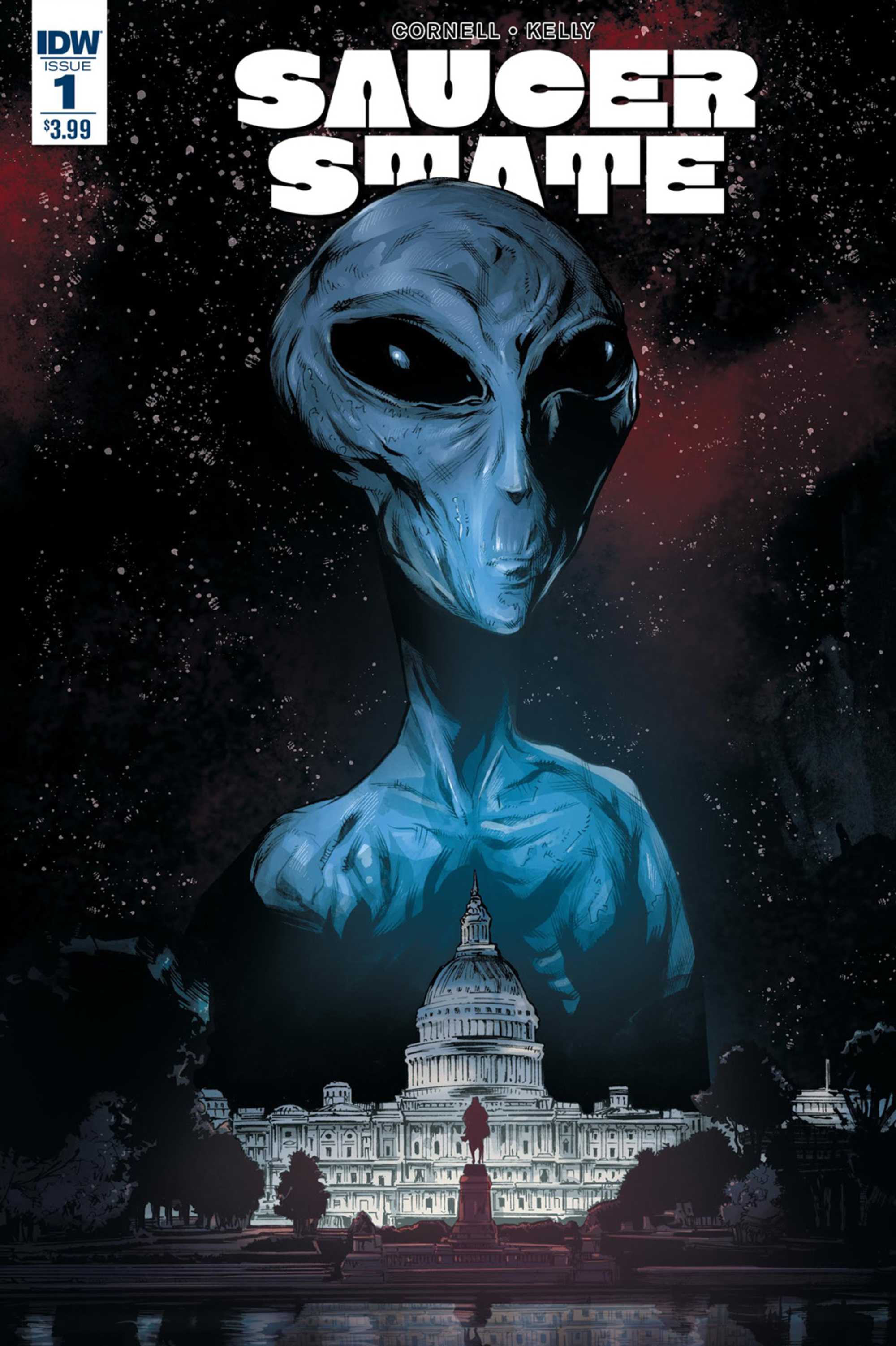 saucer state image of an alien looming over white house