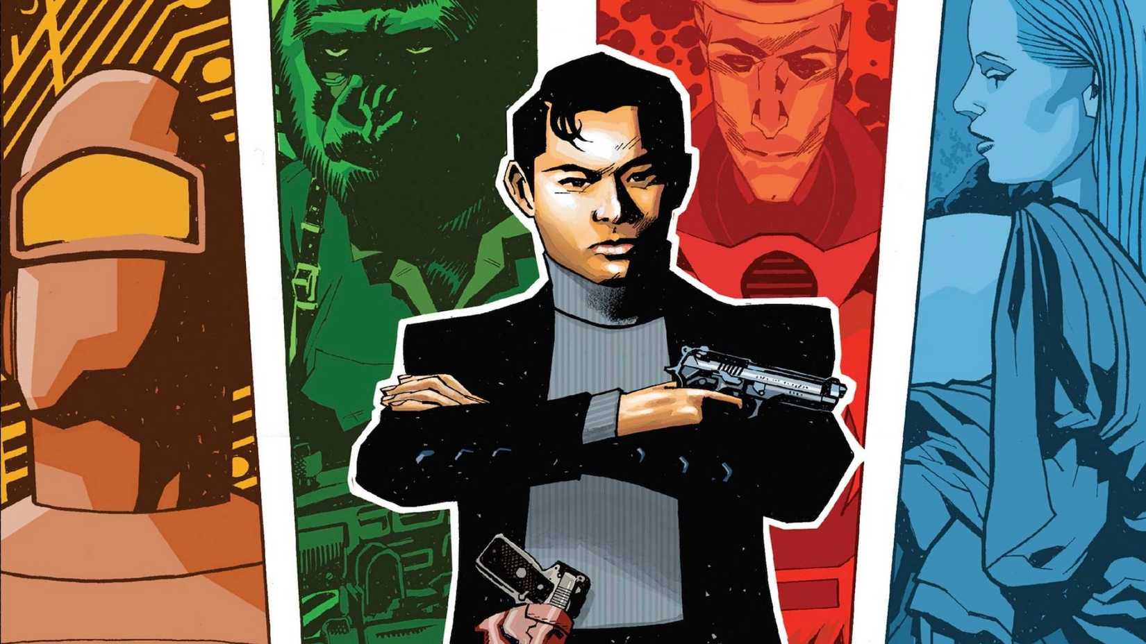Jimmy Woo placed in the center, with Human Robot, Gorilla-Man, Marvel Boy, and Venus behind him