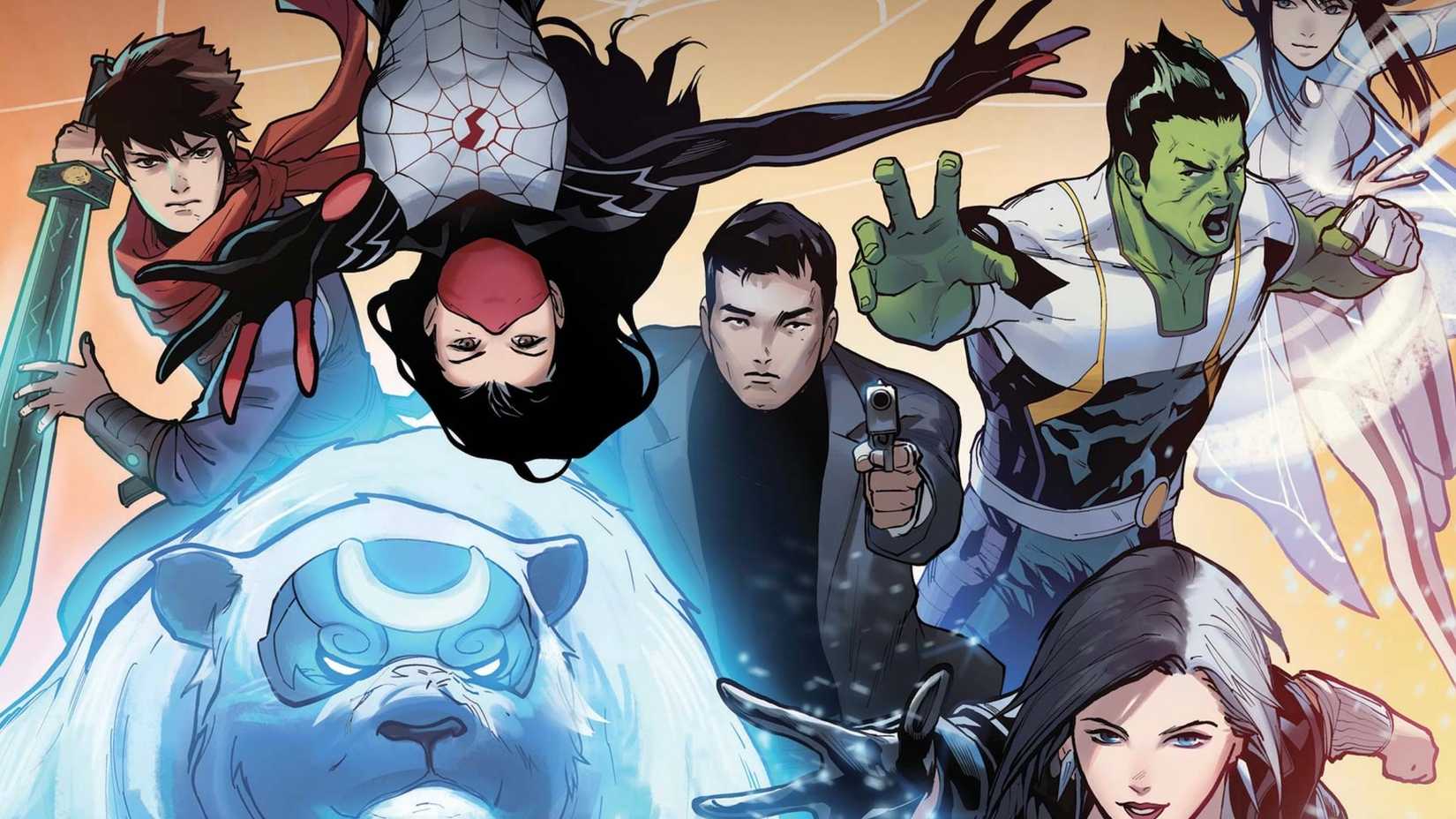 Jimmy Woo, Silk, Brawn, Aero, and Io the bear charging into battle