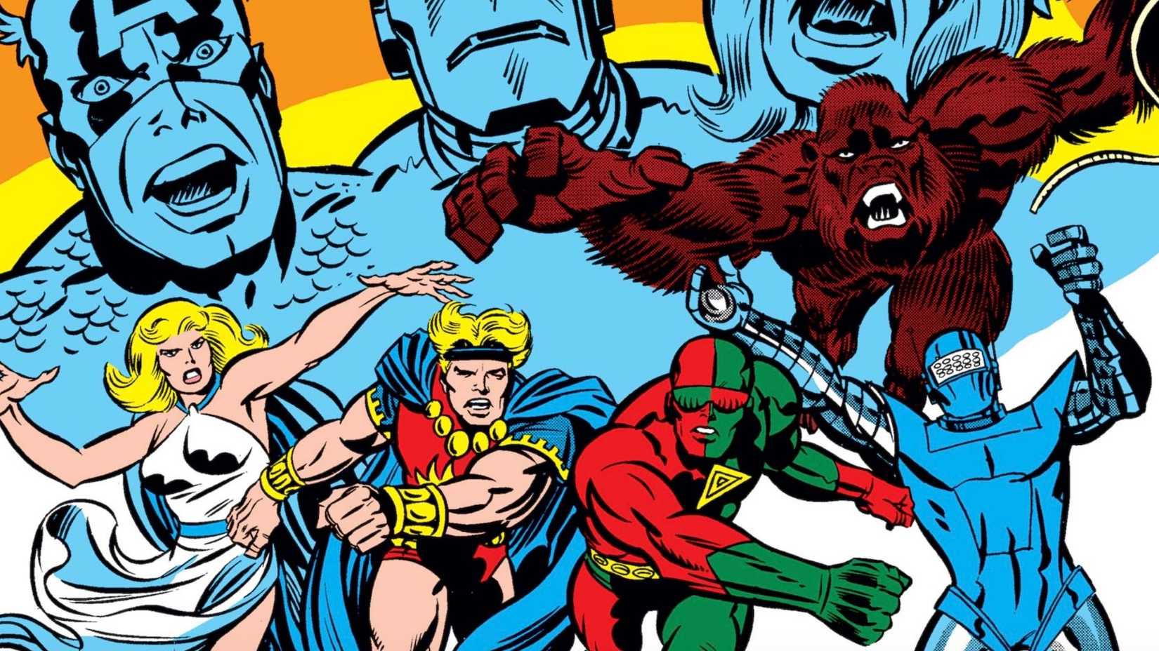 3-D Man, Gorilla-Man, Human Robot, Marvel Boy, and Venus jumping into action