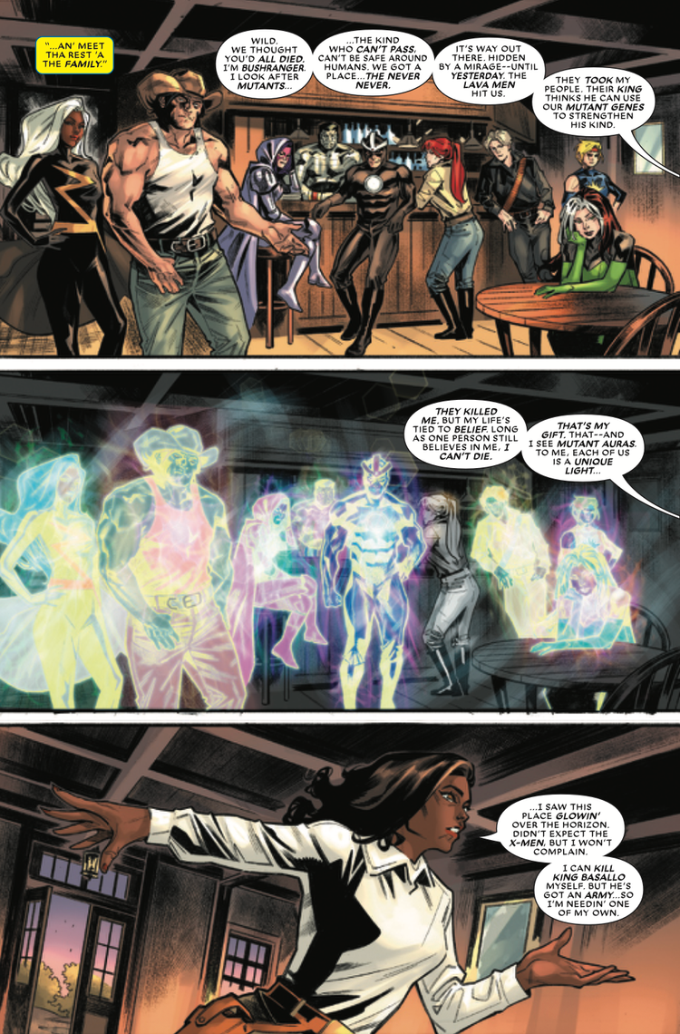 Burshranger explaining her immortality and mutant aura vision to the X-Men