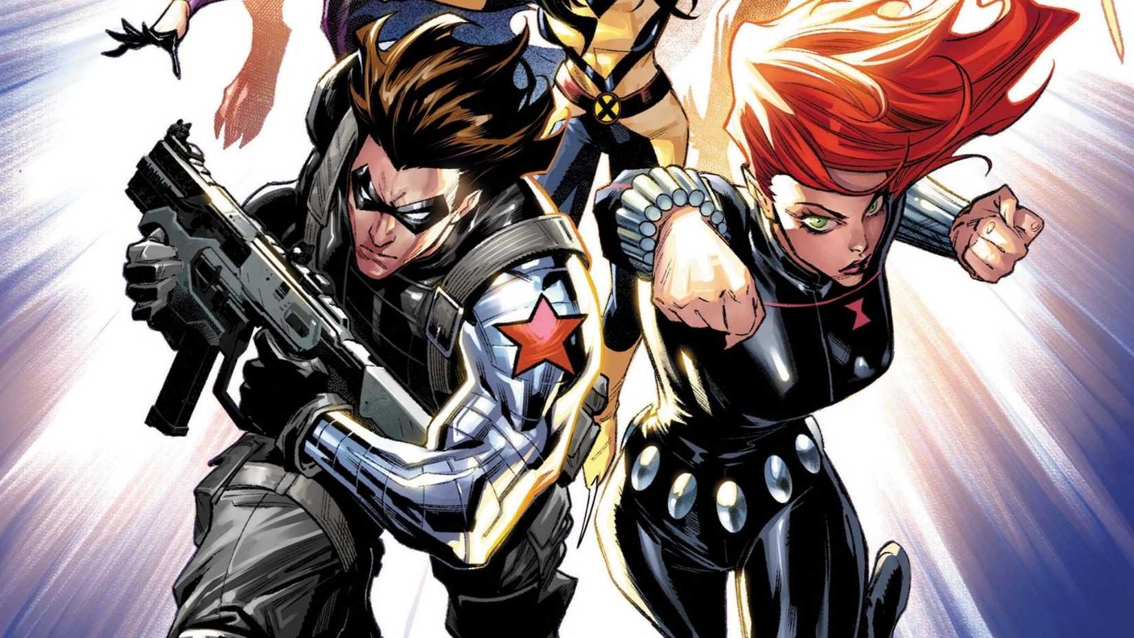Winter Soldier and Black Widow charging into battle on New Avengers cover