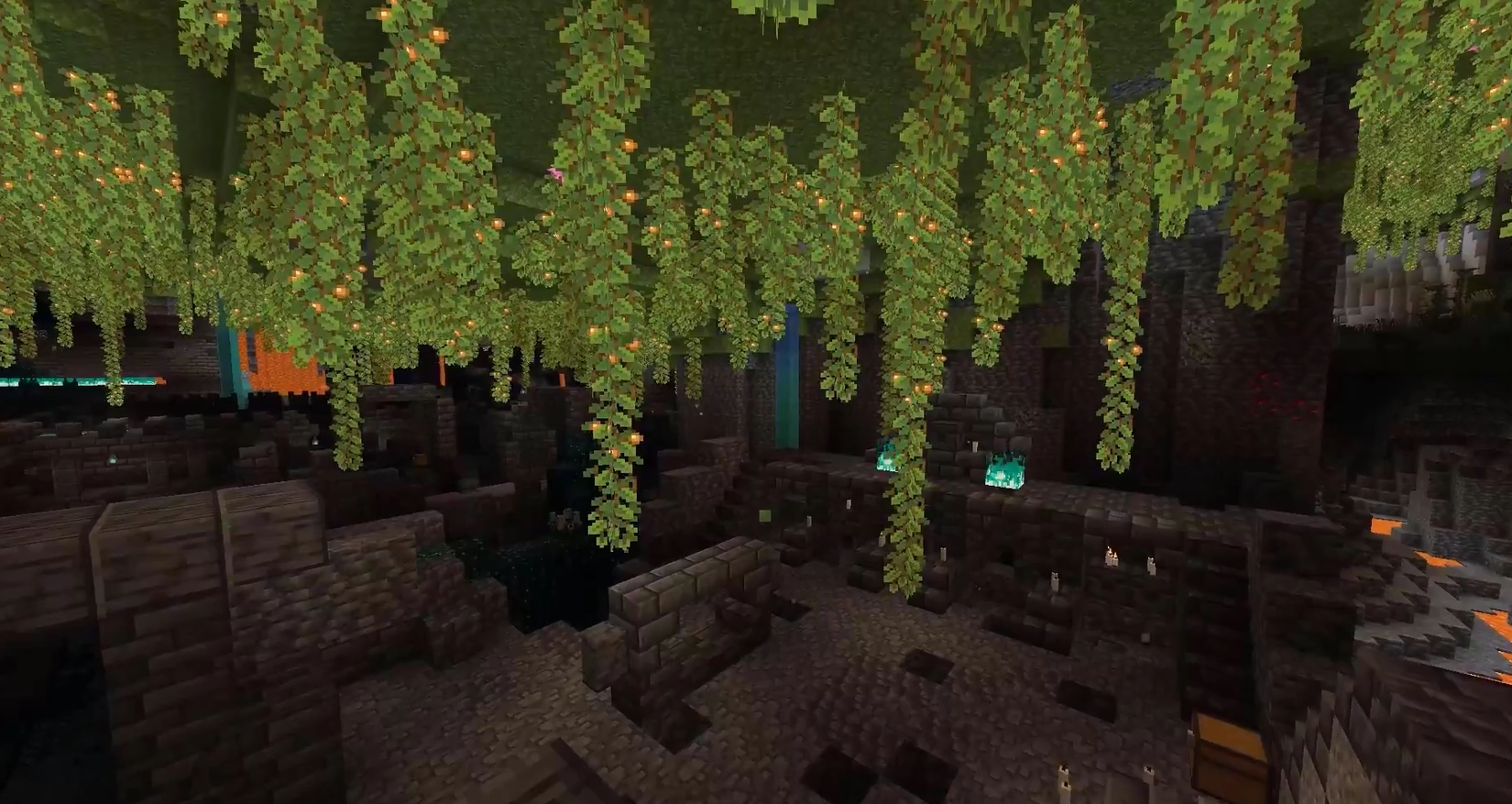 Minecraft underground structure with vines hanging from ceiling