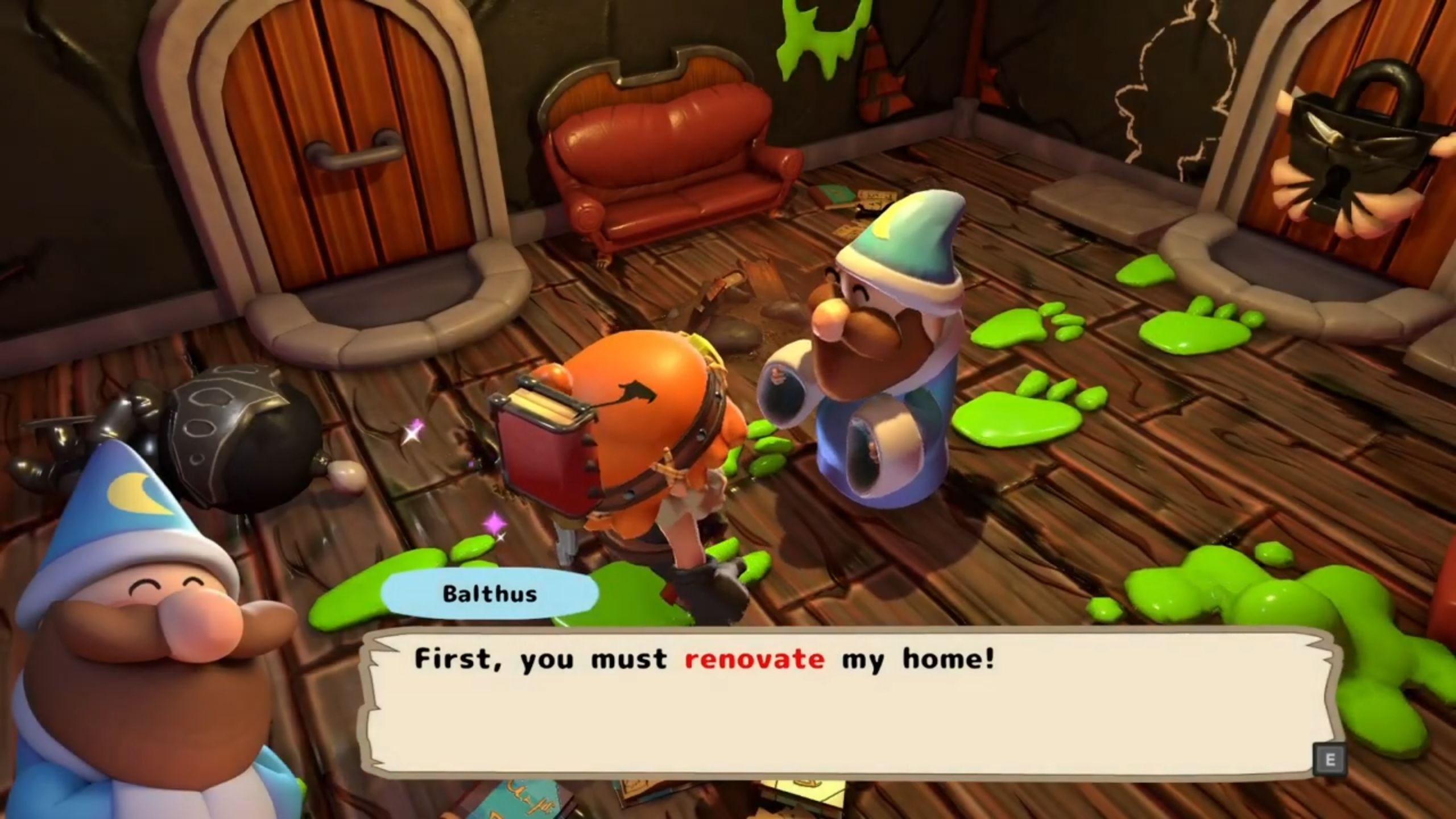 Screenshot of Balthus asking the protagonist to renovate his home from the game Cozy Dungeons