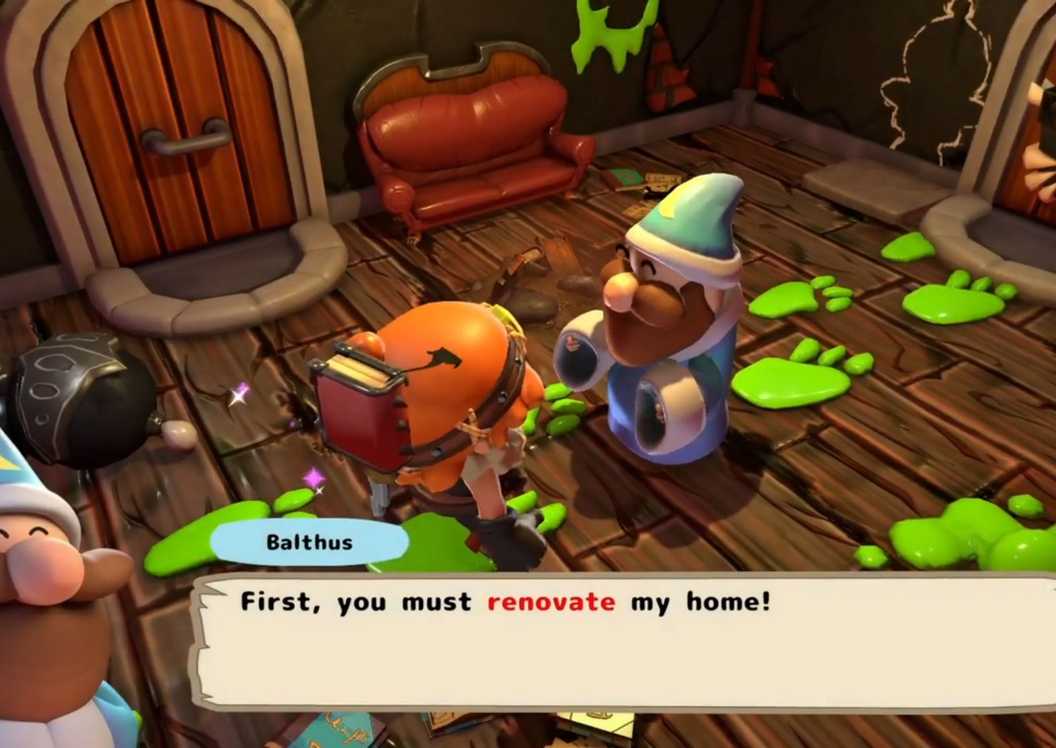 Screenshot of Balthus asking the protagonist to renovate his home from the game Cozy Dungeons