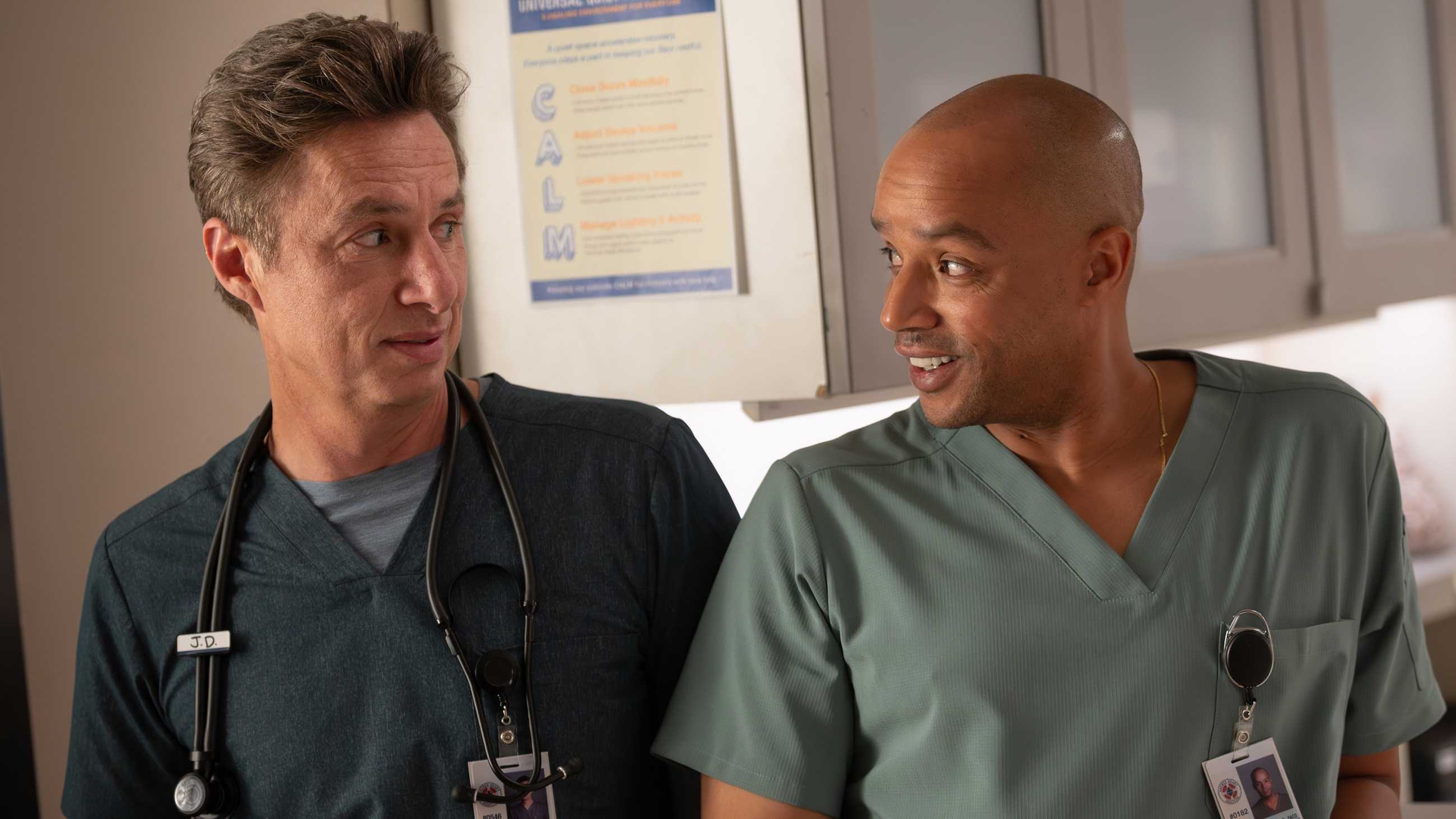 JD Dorian and Christopher Turk in season 2 of the Scrubs revival.