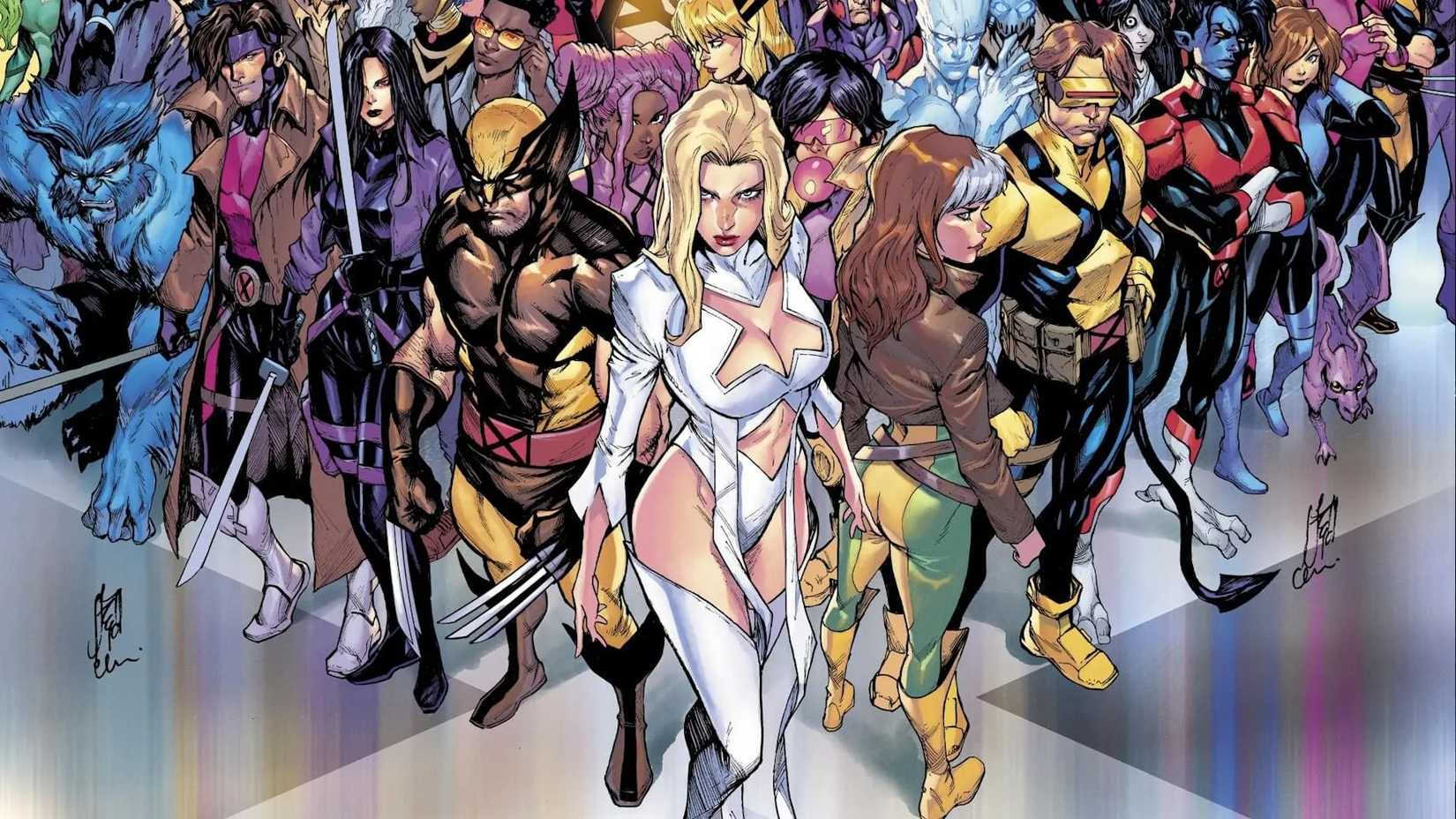 Emma Frost, Wolverine, Rogue, Psylocke, Cyclops, Nightcrawler, and Gambut in front of a large group of other X-Men hcaracters