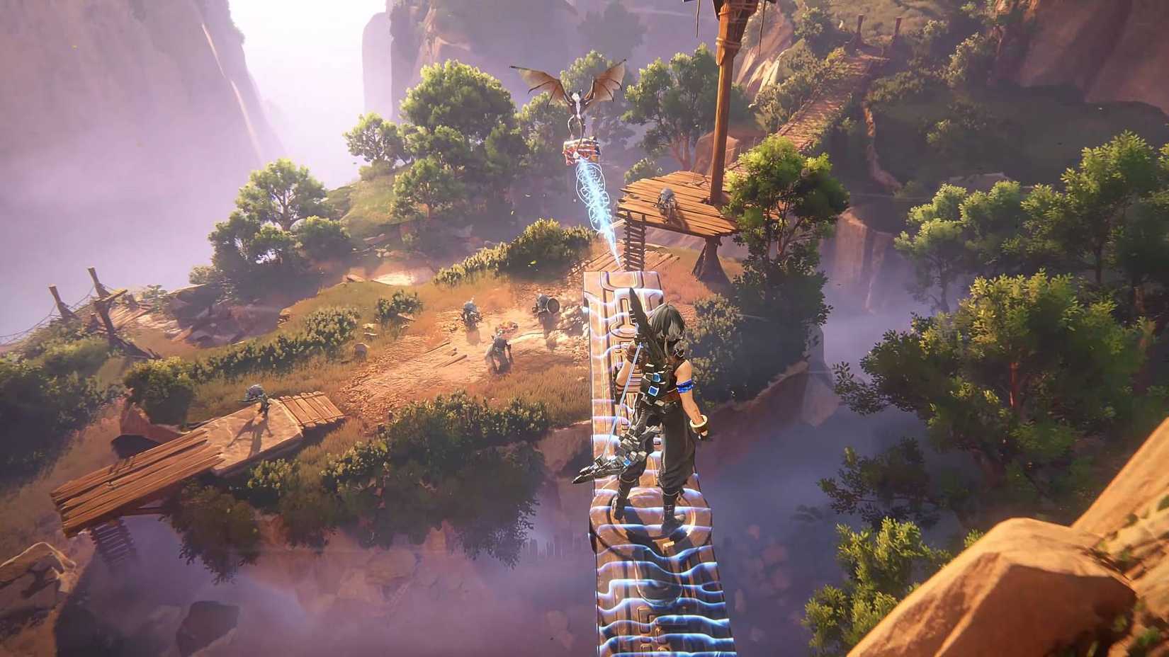 The player standing on a platform looking at distant enemies in Sleepless Wild.