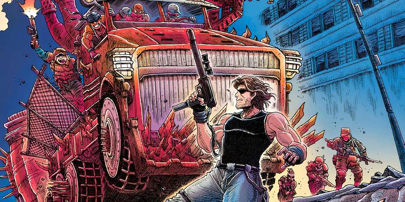 Snake Plissken chased by a truck on the cover of Escape from Chicago issue 2